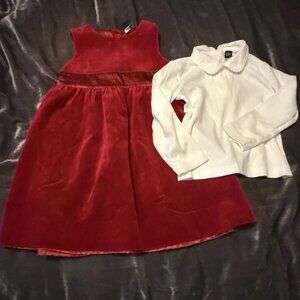 Vintage Y2K Baby Gap Red Velvet Dress & Peter Pan Collar Long Sleeve Shirt Sz 3